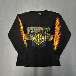 Vintage 80s Harley Davidson flames double sided biker long sleeve thermal shirt